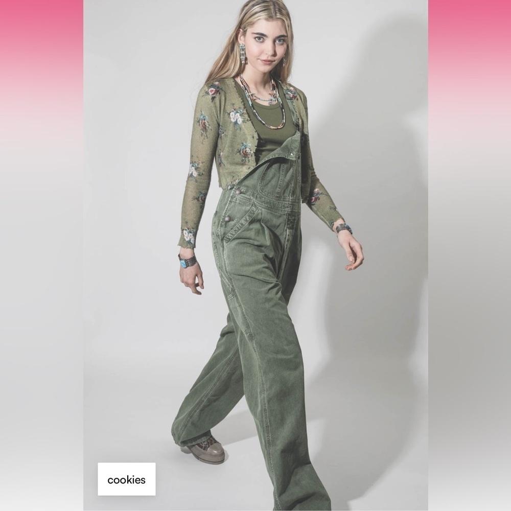 R13 Olive Green Denim Damon Overalls size medium wide leg cotton oversized